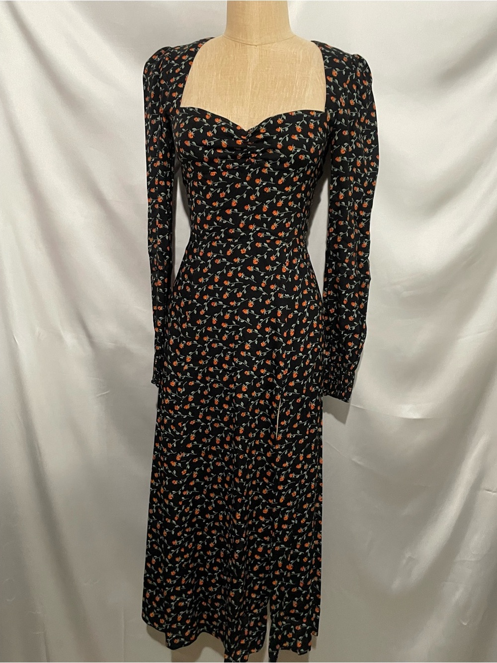 Reformation Black Floral Midi Dress Size 4 Sweetheart Neck Side Slit